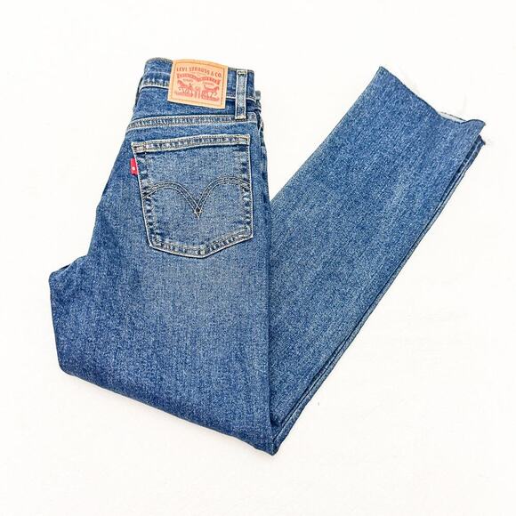 Levi's Wedgie Straight Dark Wash Button Fly Denim Jeans Raw Hem Size 24 - Picture 9 of 9